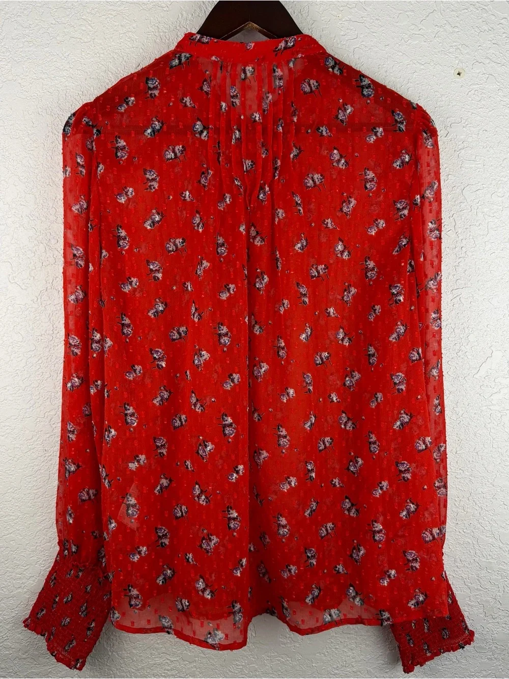 Free People | Orange Red Flowers In December Pintuck Button Sheer Blouse